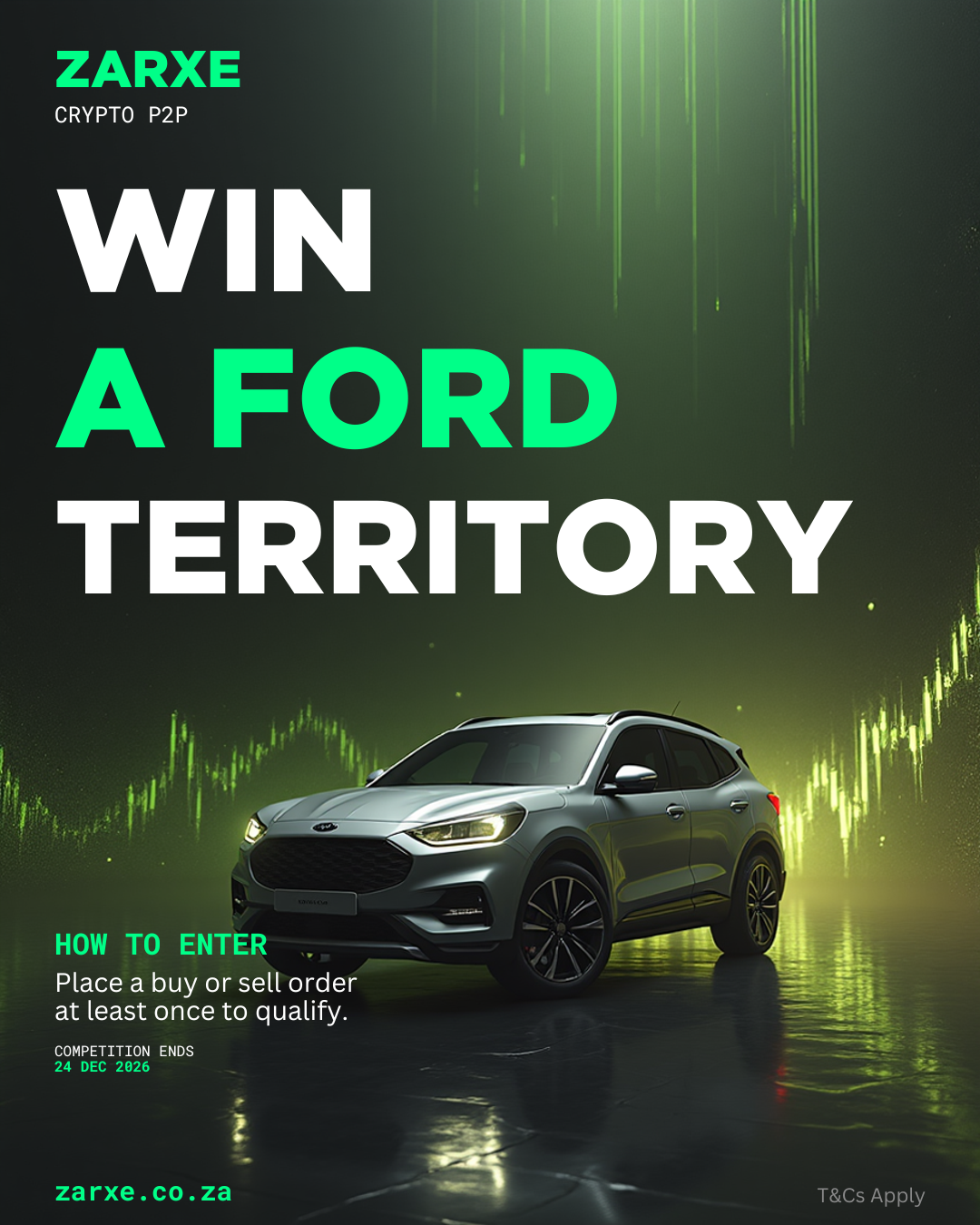 ZARXE competition - win a Ford Territory. Place a buy or sell order to qualify. Ends 24 December 2026.